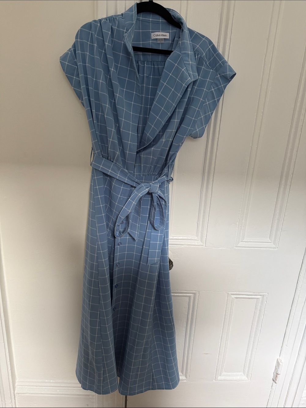 Calvin Klein Light Blue Windowpane Belted Midi Dress